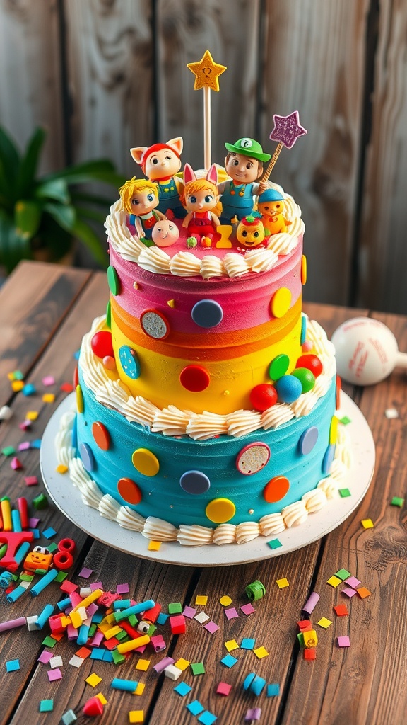 A colorful toy-themed cake with layers of frosting and toy decorations, set on a festive table.